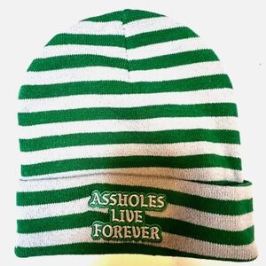 Hat A**holes Live Forever Knit Beanie Green Gray Stripes Lined One Size